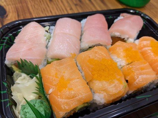 December 19 2020; Ivory roll (salmon, avocado, masago w. fresh sliced yellowtail) and Park Slope roll (spicy crunchy salmon and avocado).