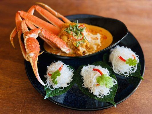 New item! Crab meat Curry with Wild Betel Leaves served with vermicelli noodle and snow crab legs. Available today!