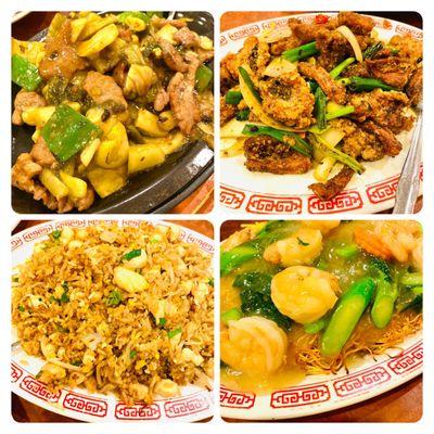 Beef with preserved vegetable, bakes squid, pan fried noodles and shrimp, salty fish and chicken fried rice.