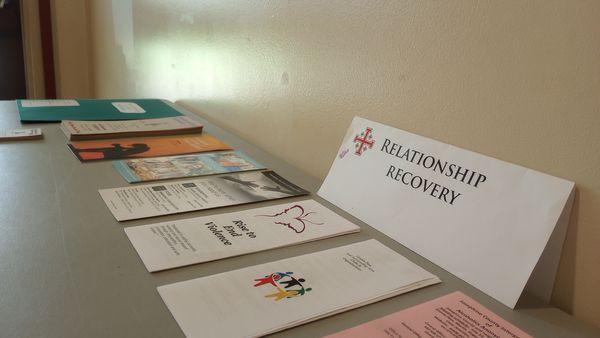 Entrance table with pamphlets.