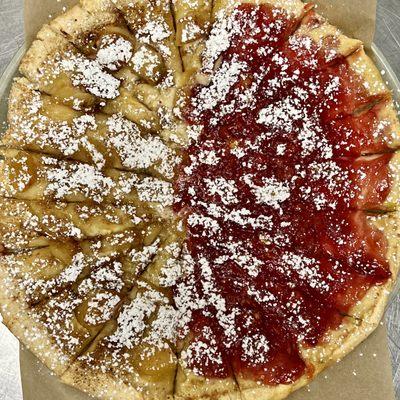 Dessert Pizza!  Pick one - Cinnamon Caramel Apple | Cherry | Chocolate Chip 
OR Choose a Half & Half Combo!