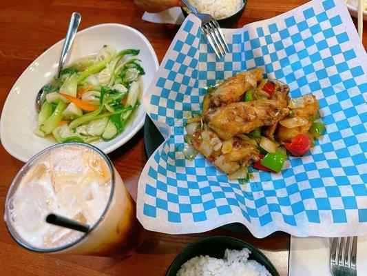 Baby book choy ,Taipei Chicken wings, Thai Ice milk Tea