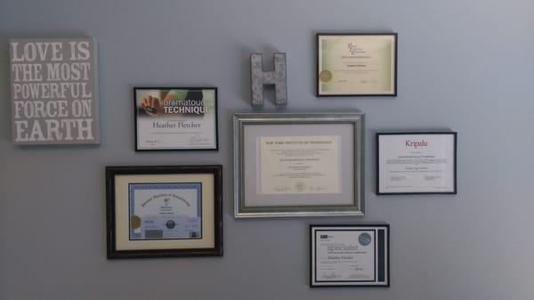 Wall of degrees and advanced certifications