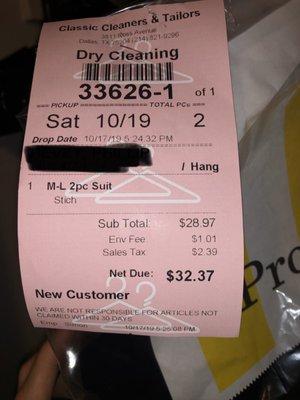 Receipt without the cost breakdown to include stick.