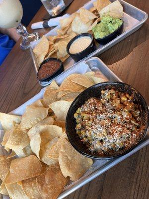 Mexican street corn, dip trio with guac, queso, mild salsa, house-made white corn chips