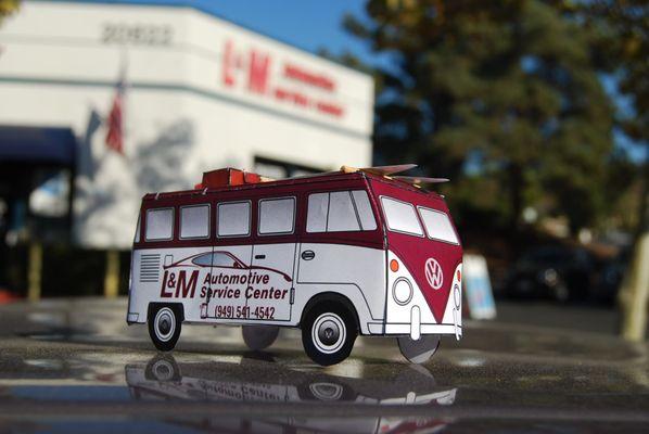 Stop in and pick up your very own L&M VW paper truck model, surfboard and luggage included