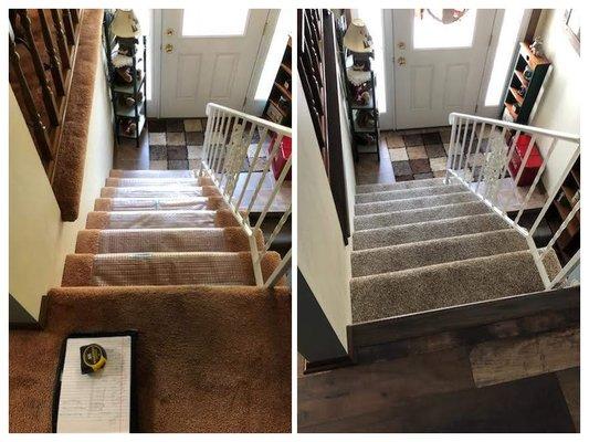 Before and after of some new carpet on steps!