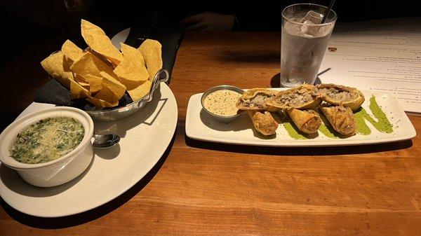 Steak rolls and chips with spinach dip