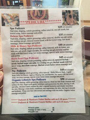 Pedicure menu