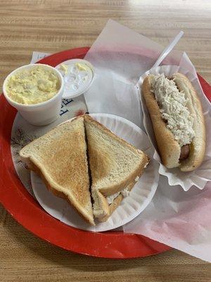 Hot dog, chicken salad sandwich and potato salad.