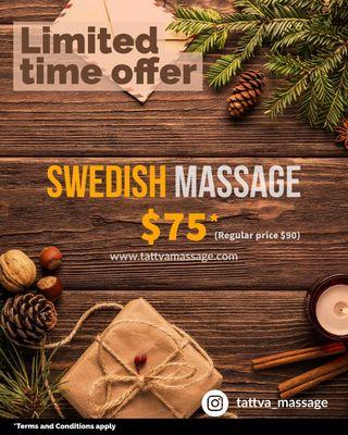 For a limited time! get a special price for 1hr Swedish massage therapy