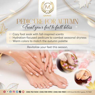 Autumn Pedicure Bliss 
It's time to give your feet some fall love!
Our Autumn Pedicure will revitalize your feet with:
 A cozy foot so