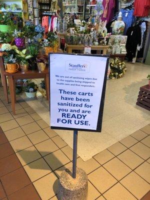 Carts are sanitized between shoppers and there's a sanitizing wipe station near the carts in case you want to give 'em another wipe down.