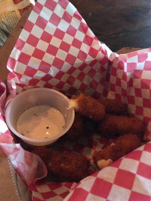 Hand breaded mozzarella sticks. Yum!