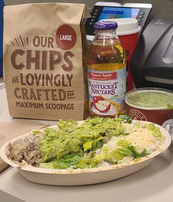 Large guac and apple juice with a steak bowl