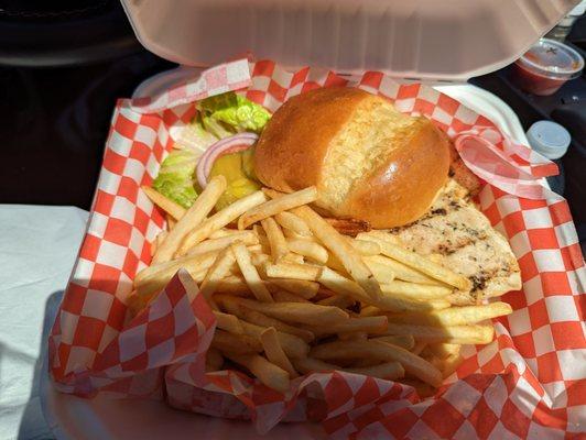 Chicken burger and fries, about $12.