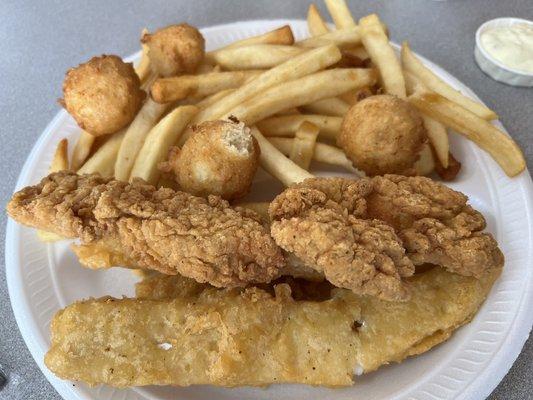 Two 2 Piece Fish & 2 Piece Chicken Meal double fries and hubby's hush puppies