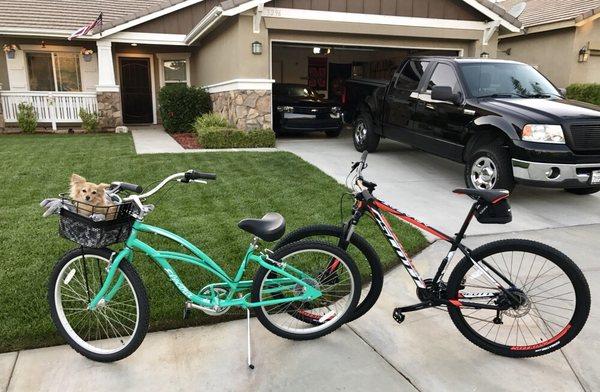 The new bikes back from their first ride... and the dog couldn't be happier to get to go on rides!! LOVE them!!