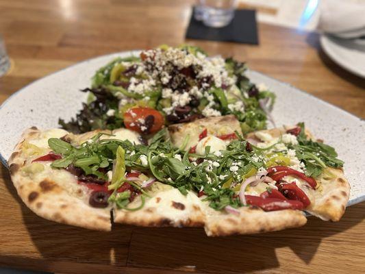 Athenian pizza and Greek salad