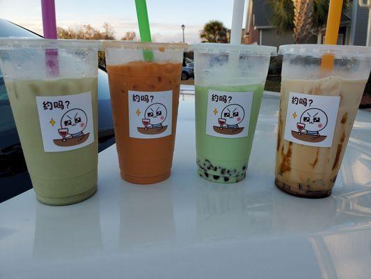 Boba! We got (from left to right ) matcha green tea, thai tea, honey dew with tapioca, and brown sugar milk tea with coffee jelly !