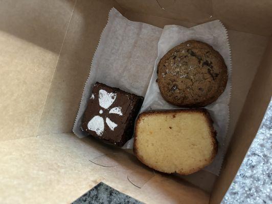 Brownie, lemon pound cake, chocolate chip cookie