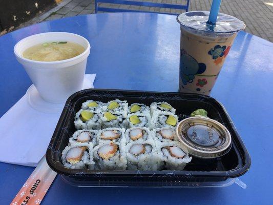 Spicy Kani & Oshinko Rolls, Miso Soup, Lavender Bubble Tea