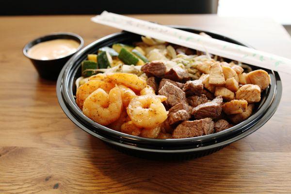 Steak, Shrimp and Chicken bowl with Yum Yum sauce!