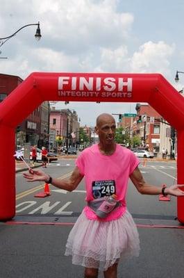 Keith Straw, Pink tutu Guy during the Herald of Victory Marathon at Binghamton Marathon Weekend.  Thank you to Integrity Sports Finish Line.