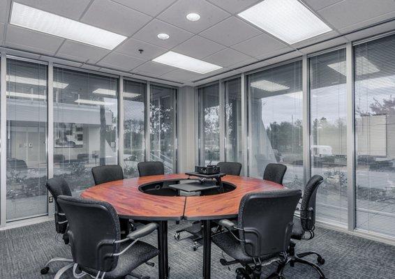 This Round Table Room is optimal for group discussions and board meetings.