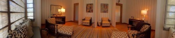 Panorama view of waiting room. Warm, relaxing, and comfortable.