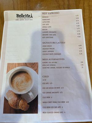 Coffee menu