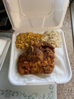 Pork chops w/corn & rice (two chops $ bottom has rice