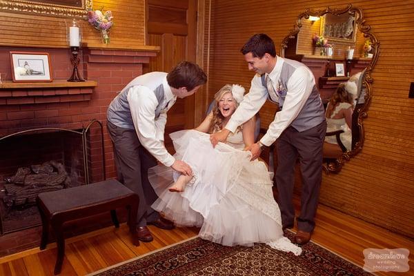 Bridal Room in Needle's Lodge. Plenty of space, large antique mirror, and fireplace.