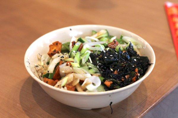 Veggie Poke ($9.90) - Sweet Potato, Snap Pea, Edamame, Sweet Onion, Seaweed Salad, Cucumber, Miso Citrus Sauce