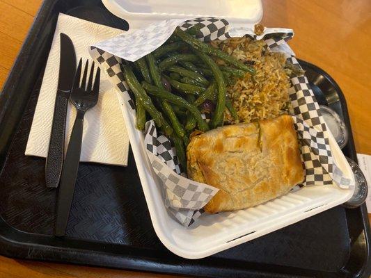 Spinach Pie platter, with house rice and green String Beans