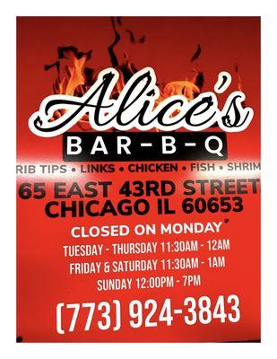 Alice's Bar-B-Q . 65 E 43rd St, Chicago, IL