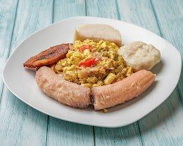 Breakfast - Ackee with red herring, banana, dumpling and plantain