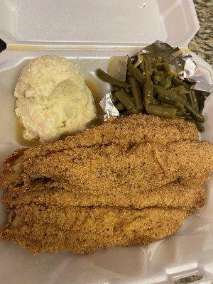 Fried catfish, green beans, & potato salad