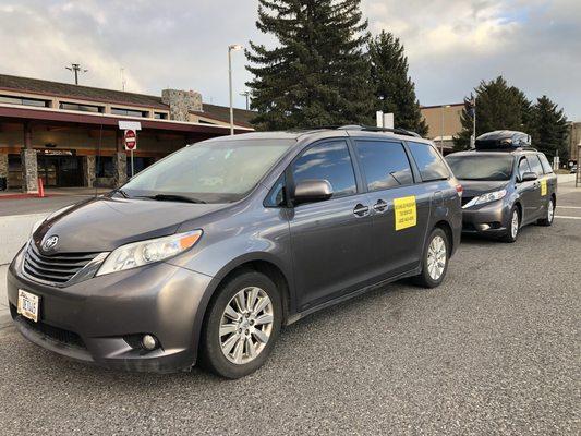 Company Operating vehicles - two AWD Toyota Sienna minivans. We can take 1 up to 6 passengers per car.