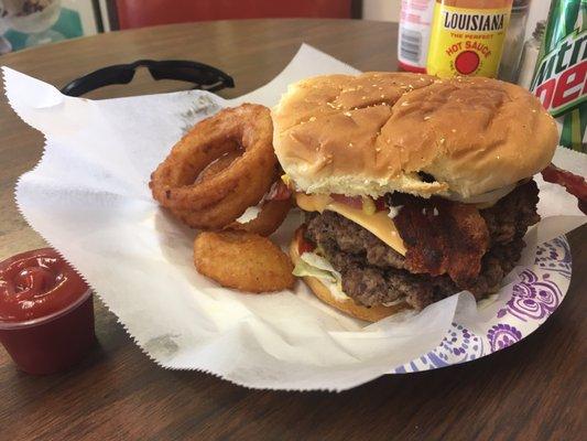 The Sunday Special: a double bacon cheeseburger with onion rings or fries, and a soda for $7.49