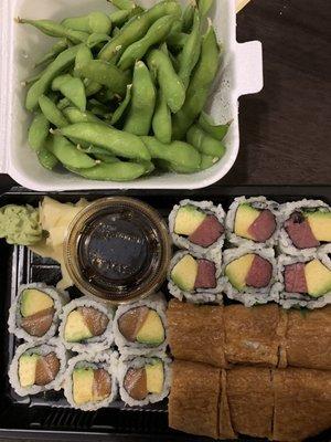 Edamame, Alaska roll, Manhattan roll and Tofu roll