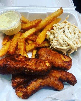 Hand dipped battered fish and crinkle fries! Old school black pepper spaghetti!