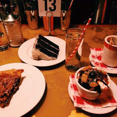 Left: Pecan ginger pie.   Top: lavender chocolate cake.   Right: warm brownie with ice cream and butterscotch chips on top.