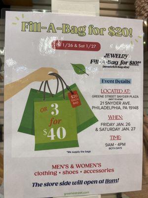 Upcoming Fill-A-Bag event.