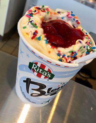 Banana Split Stuffed BLENDINI! Vanilla frozen custard, banana Italian Ice & sprinkles, stuffed with strawberry topping.