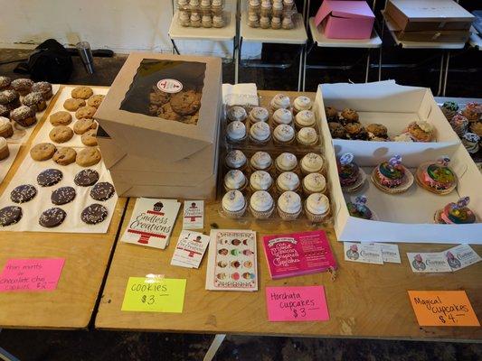 caption 2/2:burrito project LA vegan bake sale,viva los cupcakes horchata,courtesan cupcakes magical,choc chip cookie sandwich