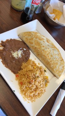 Carne Asada Quesadilla with rice & beans