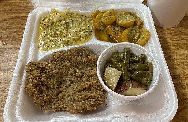 Country Fried Steak, broccoli & cheese, squash & green beans