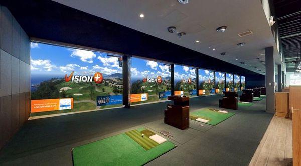 GOLFZON Vision Plus (18 hole course) Simulators with 360 camera sensors, 3 hitting mats (fairway, rough, bunker), and auto-tee set-up