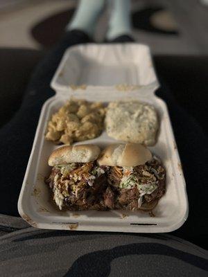 Sliders, Mac and cheese, and Garlic Mashed Potatoes